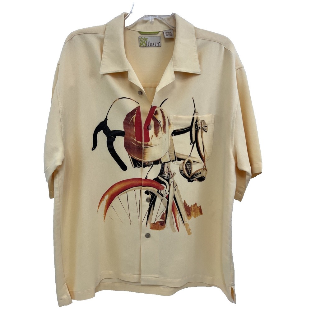 Cubavera Men's Size L Button Down Shirt Light Green Linen Bicycle Graphic